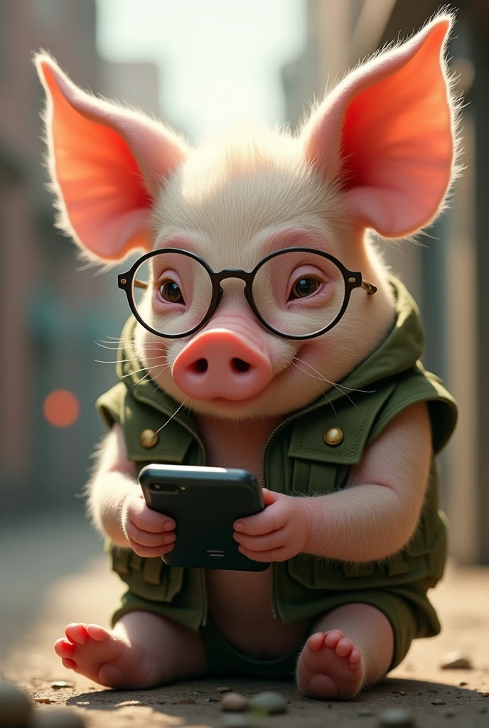 A little pig looking at his cell phone with clothes on (soldier colored vest) that has glasses