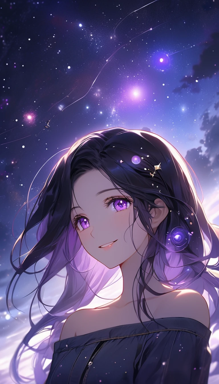 standing in front of a lake with a space theme, primarily in purple and white colors. The background should feature glowing stars, constellations, and comets scattered across the sky. Include a large, ringed planet in the lower left corner, with smaller planets and star-shaped accents throughout the scene. Add subtle nebula clouds and a gradient from dark purple to lighter shades, creating depth and a sense of vast space., Long black hair and purple eyes、An adult character wearing a black off-the-shoulder light denim top。She has purple hairpins in her hair、smile。Light up your face in a dimly lit atmosphere。Emotional atmosphere。Upper body close-up。front。