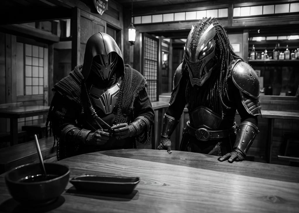 no human,dark,izakaya,japan,middle ages,monochrome,castle,science fiction,predator,yautja