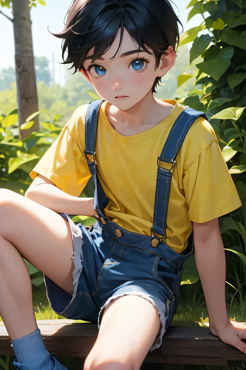 1boy,  british boy in overalls with shorts and a yellow shirt underneath, sitting on knee, glowing blue eyes, outdoor, close-up