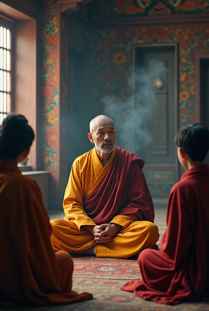 A Tibetan monk speaking to a group of students in a solemn atmosphere