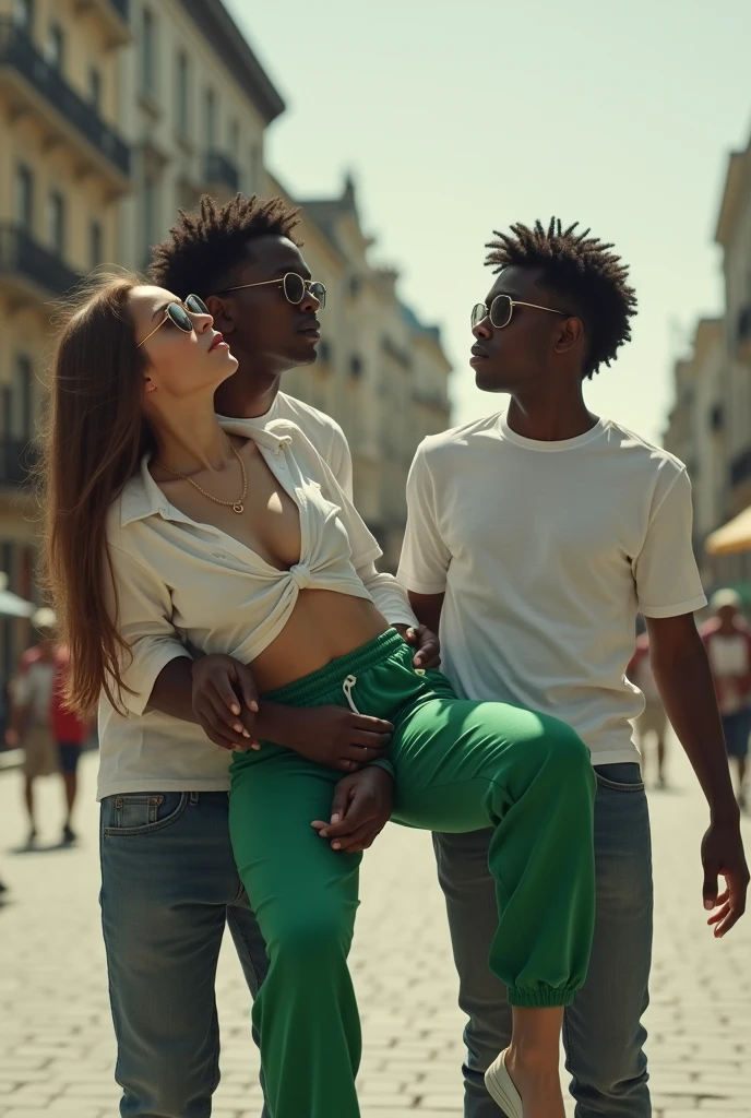 Create a photo of a 30 year old woman, with a slender and beautiful body, wearing a white shirt, braless with bare breasts and wearing green sweatpants, with white and clear skin, with long light brown hair wearing sunglasses, as her body is being carried sideways in the air lying on her side in the arms of two black teenagers, one is holding the feet and the other is holding the hands, with dark black skins, ugly, thin, small, who are wearing prescription glasses and wearing white shirts and jeans in a square 