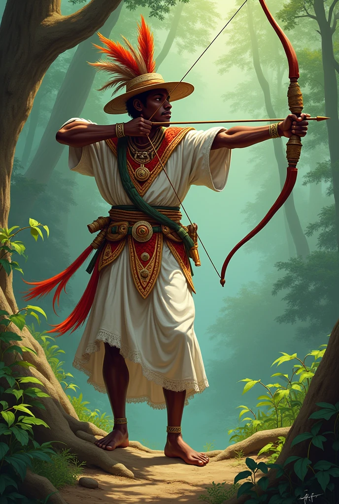Orisha Oxossi shooting the arrow with his white tunic ofá, over which he wears a hunter's outfit. Your hat has feathers.