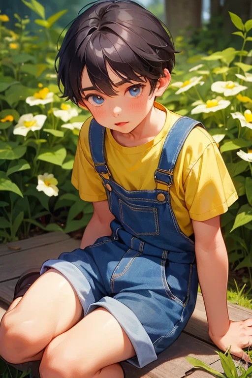 1boy, young little british boy in overalls with shorts and a yellow shirt underneath, sitting on knee, glowing blue eyes, outdoor, close-up