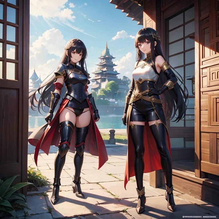 Young Asian Sisters use Knight Armor and Asian Princess with Leather Pants, with leather gloves, Long Hair with Full Bangs, Chinese Castle, Smile, Friendly, Anime 8k, Full Body.