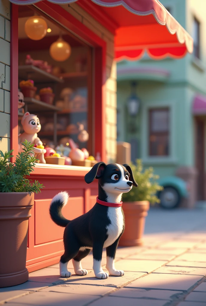 They are in the sweet shop.The dog is watching them next to the shop's door. It is excited. It is moving its long black and White tale.