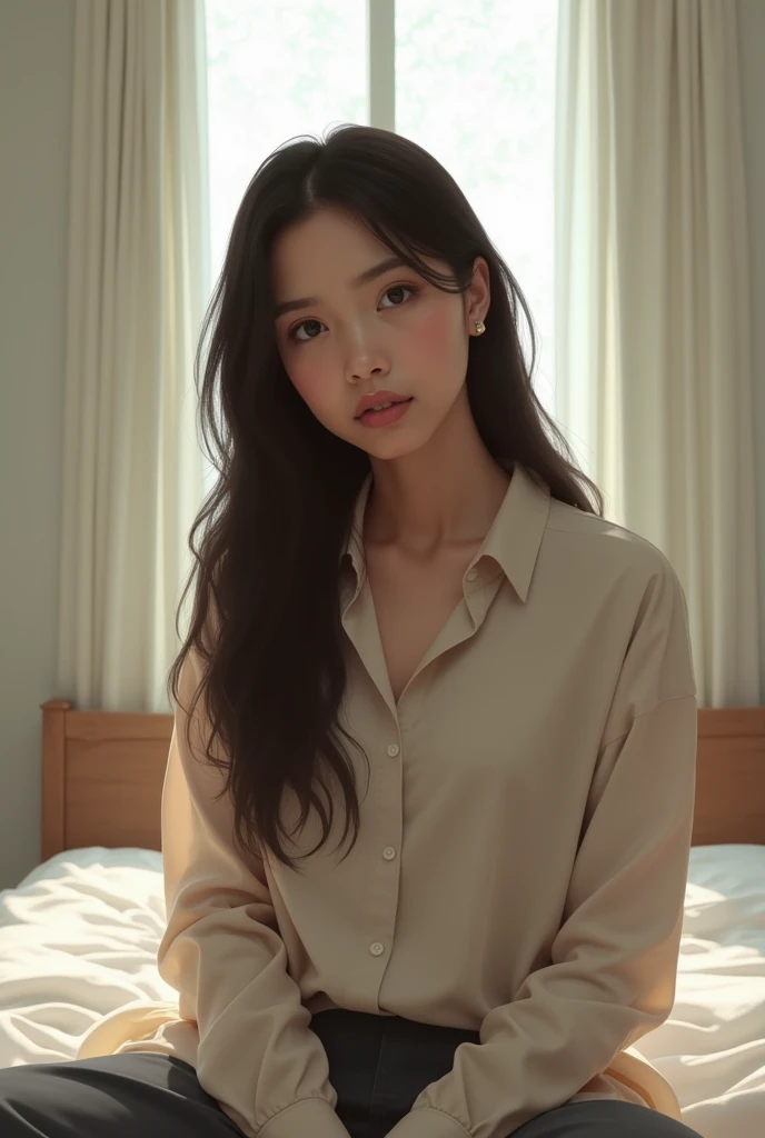 A women, 2, with a indonesian face, a very beautiful serious, she wears shirt, and long hair, in a window bedroom, full body pose
