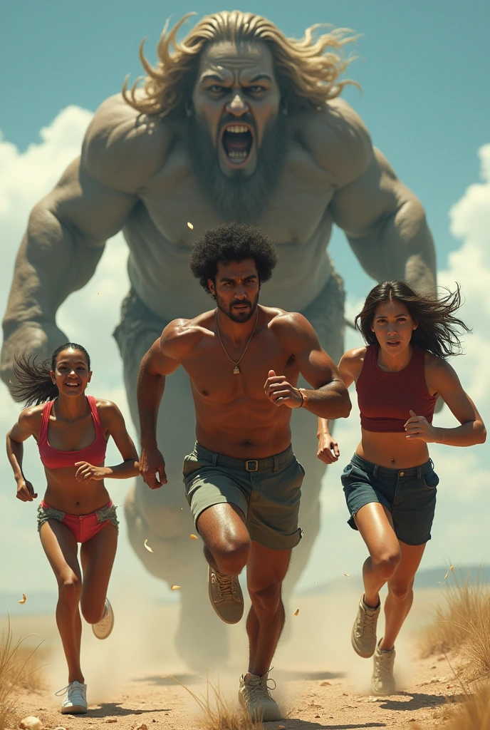 Make a muscular Indian, running alongside a white lesbian and an ugly dark-skinned man with a big double chin running from a fat cannibal woman