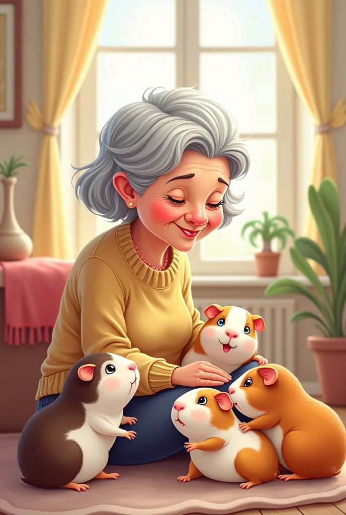 cartoon of a grandmother with guinea pigs
