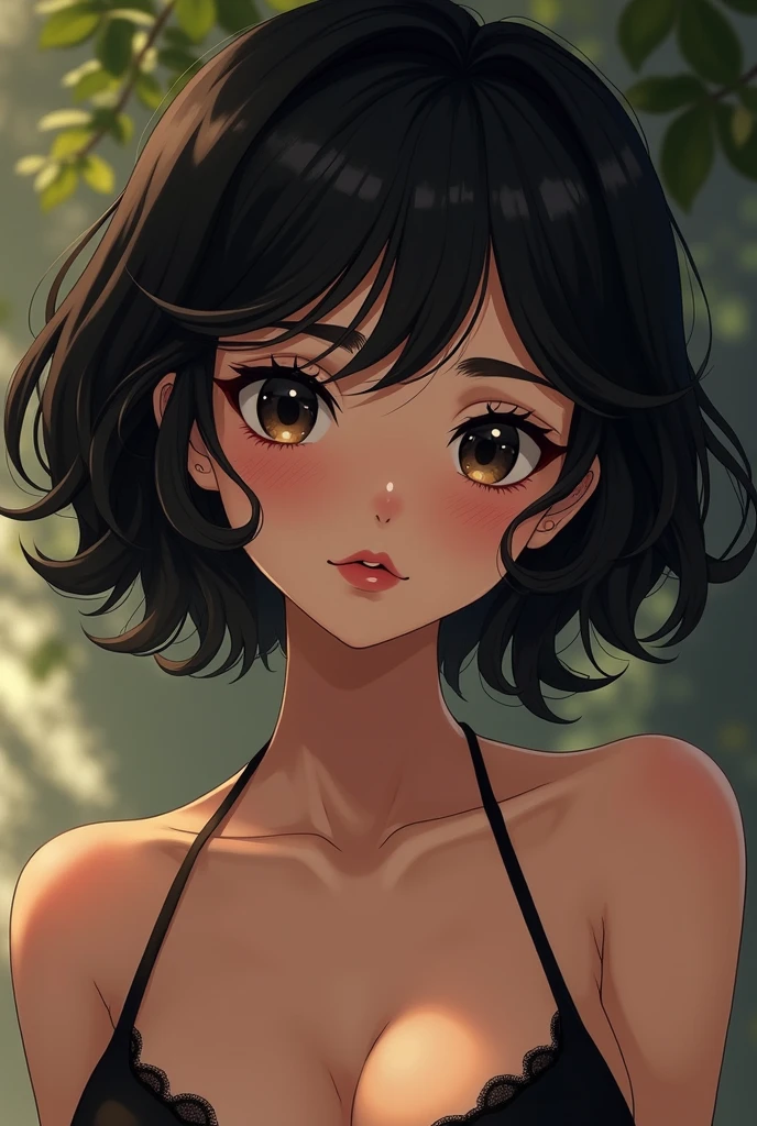 female anime character , 1,70 tall Olive skin with a golden undertone. Short, wavy, black hair with bangs. Black colored eyes, Very large eyes set slightly apart and thick black eyelashes. Thin body not very athletic, slightly long nose, red and big lips. Freckles and Round Face Greek Features

