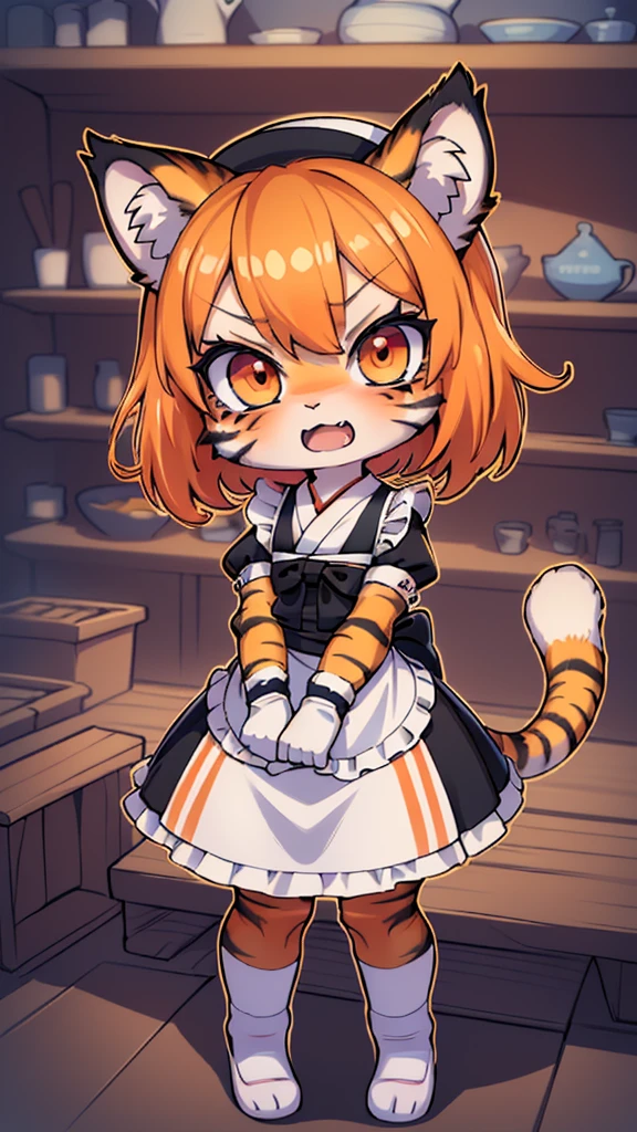 (masterpiece, High quality, Best quality, 8k, High resolution), ((chibii style, chibi cute)), ((solo, 1 kid girl)), {tiger girl, tiger face, 1 fang, long eyelashes, eyeliner} {tiger whiskers}, (((Tiger skin all over the body, Tiger stripes on the body))), (short hair, orange hair), ((Murderous look, very angry,)), ((open mouth)), orange eyes, ((from below)), (flat chest), thin arms, ((black traditional japanese long maid outfit)), {{maid hat}}, {{maid gloves, long white pantyhose, sneakers}}, {{{mini tiger Tail, Tail on the back}}}, ((full body, standing, crossed legs)), home background, (blue sky, day, blur background, clouds), ((((Tora-chan no Hanayome style)))), (old anime 40s style), anime style.