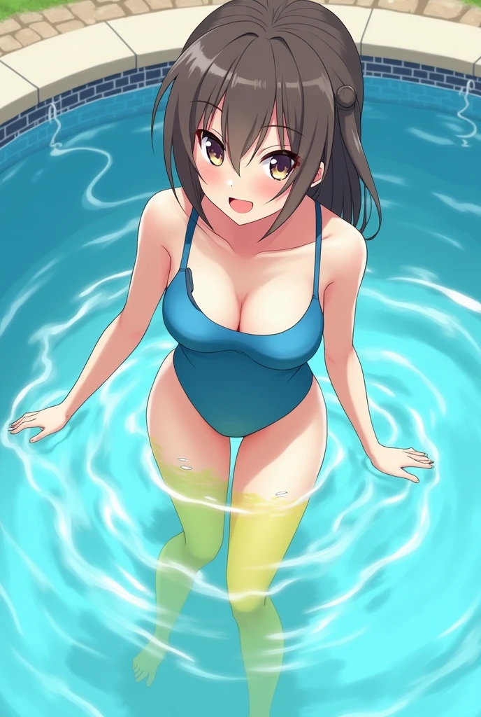 Anime girl, girl in the pool, girl in a blue swimsuit, pissing, pissing herself, pissing bright yellow urine, bright yellow urine gets into the pool, bright yellow urine dissolves in the pool