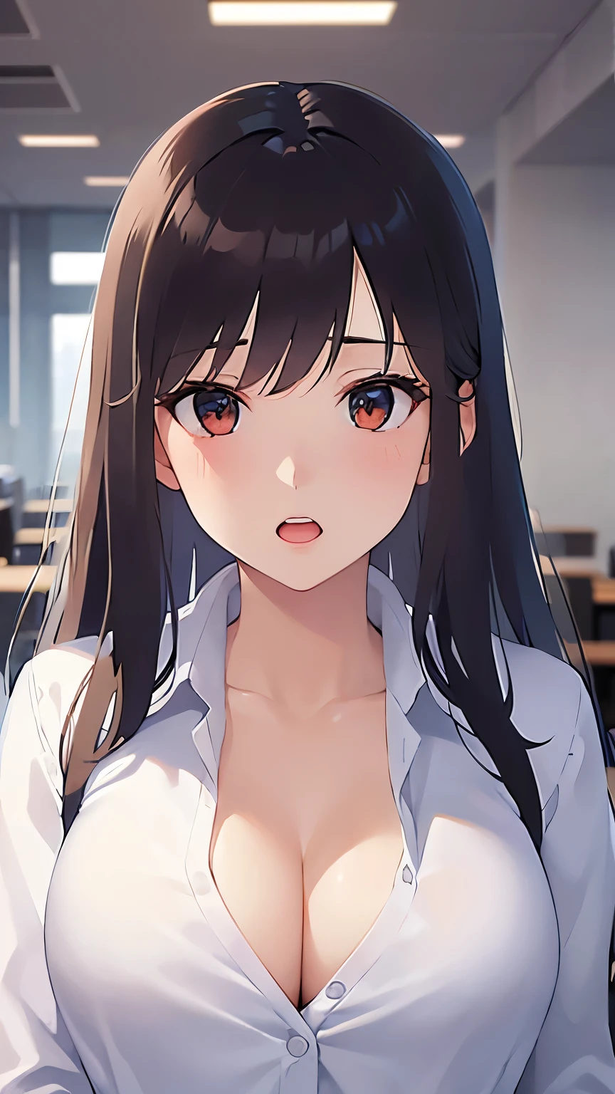 (looking at viewer:1.5)Upper Body, Looking up、
Realistic, real person, (pale skin: 1.2), RAW photo, photorealistic, shiny skin, shiny hair、(A 2 woman with medium-length hair and bangs) and (wavy hair) and (brown hair) and (orange eyes) ,
(Wearing a business suit:1.5) and (Wearing a white collared shirt)、
Cleavage、(blush:1.2),open mouth,The background is the conference room、(alone:1.5)