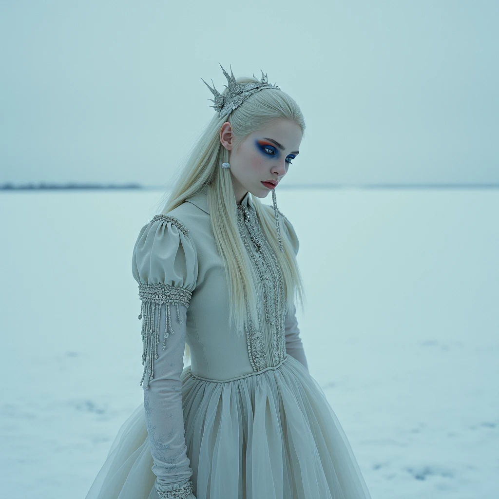Siberia,strange,make up,heterochromia,intricate details,elegant,8k resolution,despondent,minimalist palette color, realistic render,full body shot,walking