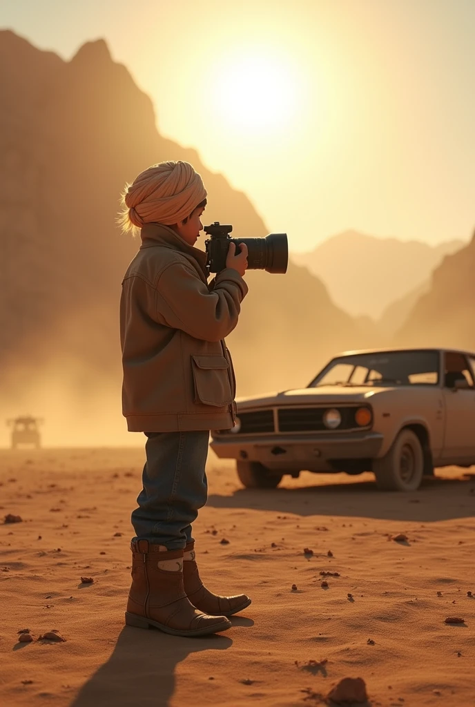 Sardar turban
boy back side
shooting with camera in desert with long shoes , behind dusty car , action , mountains, jacket cinematic footage, sun rays ,