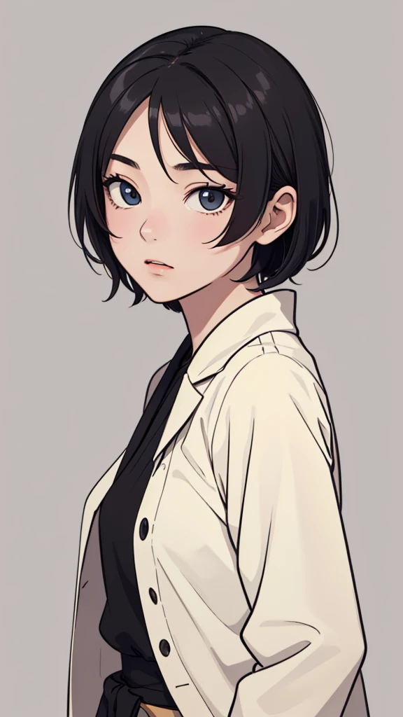 (((masterpiece, best quality, ultra highres, 1 girl, solo, no background))), super detailed skin and face and eyes and finger, beautiful japanese woman, small breasts:1.5, skinny, light black hair, short hair, cowboy shot, The background should be simple, outline, anime, 2d, boyish, expressionless, cartoon, dancer,