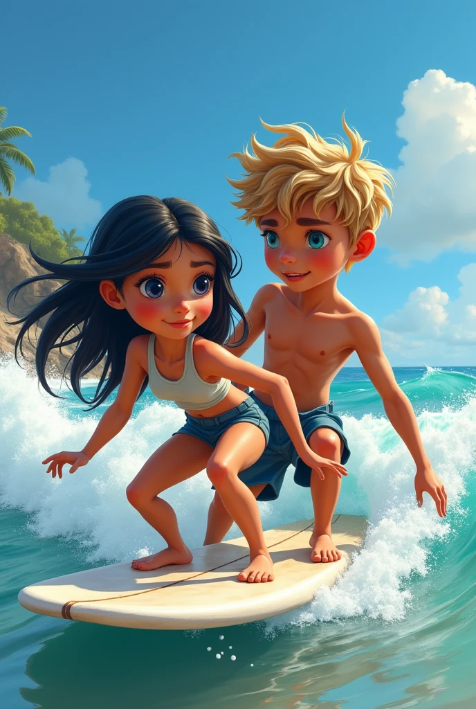 dark blond boy , helping a black-haired, blue-eyed girl surf