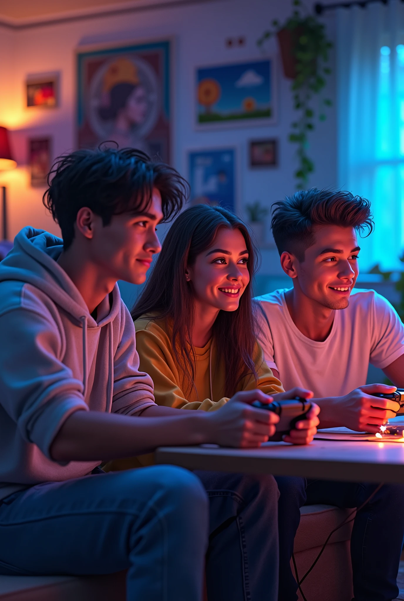 I want three friends playing video game with our names ruan andrey ruan characteristics of each one ruan likes the singer lana del rey bryan fights boxing andrey is moreno