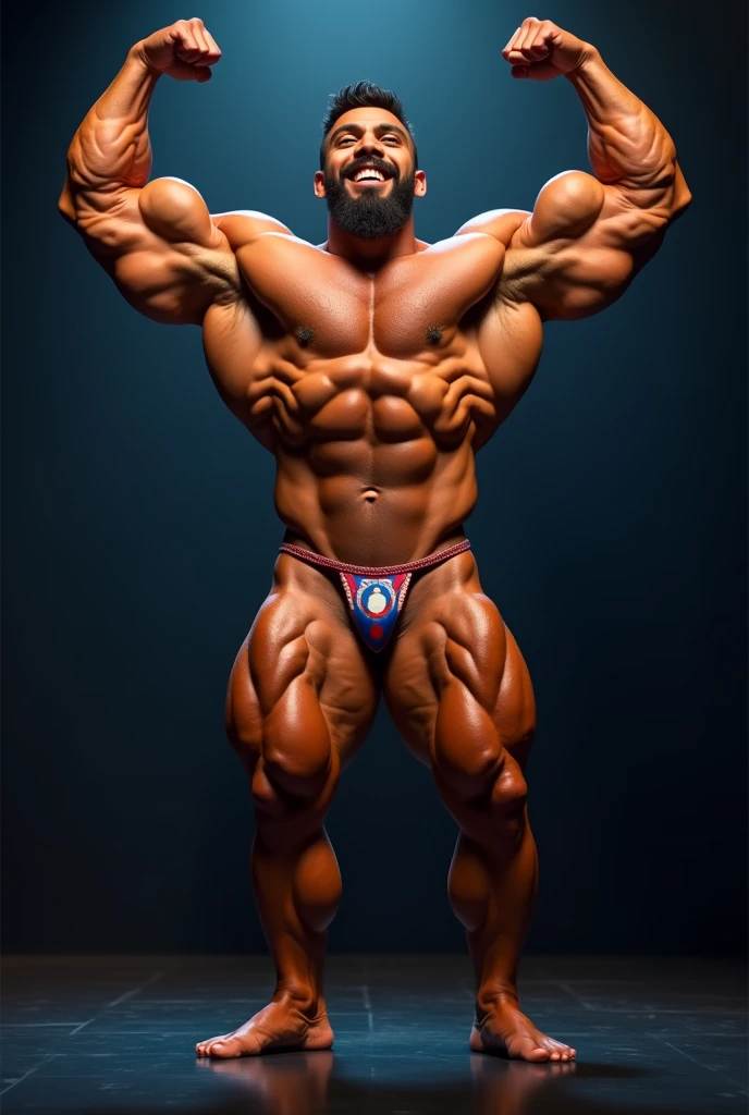 a young hairy bearded Puerto Rican man posing on a stage with his arms raised and a smile on his face, body builder physique, Physicist exagerado, Physicist muscular exagerado, Mr. Universe, big fit ass, long, stark, Physicist |, corpo fitness ifbb, body builder posing, body builder, body builder body, ernest khalimov body, posing and flexing, Physicist exageradamente big fit ass, body builder