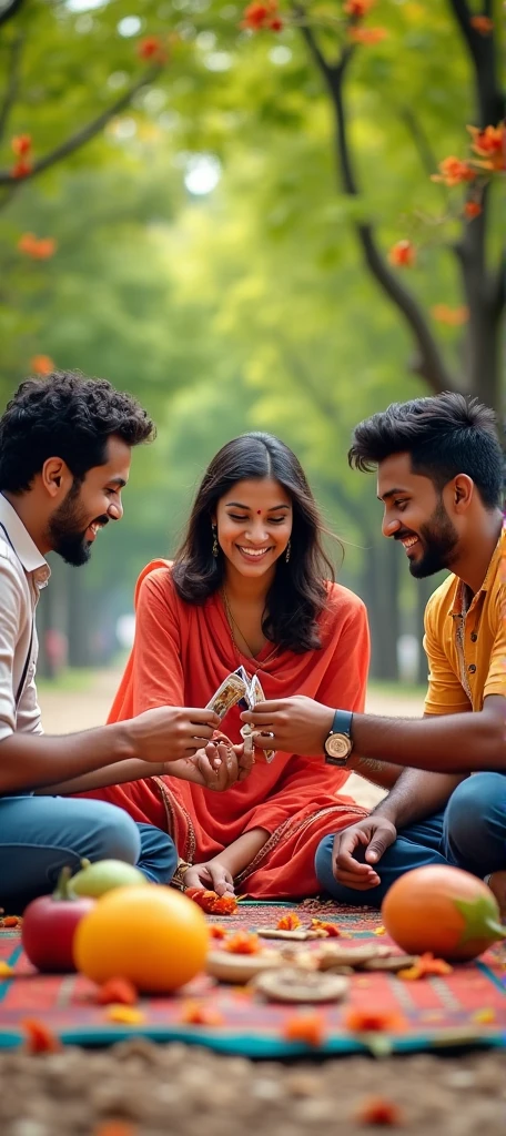 poster，Cover Design，Three Indian youngsters, two men and one woman, are playing cards outdoors.，Looking at the audience，carpet，fruit，food，Flowers，Trees，High-impact shots，Joyful smiles，photography，Photograph，