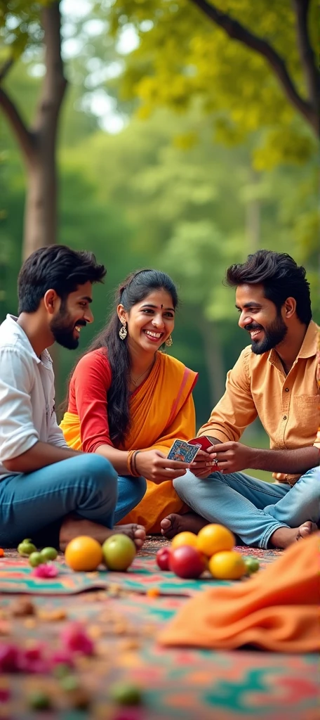 poster,Cover Design,Three Indian youngsters, two men and one woman, are playing cards outdoors.,Looking at the audience,carpet,fruit,food,Flowers,Trees,High-impact shots,Joyful smiles,photography,Photograph,