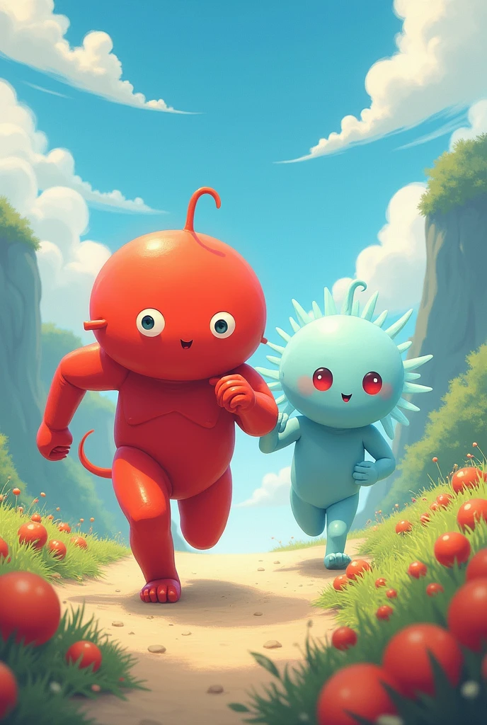draw and create two cute characters, they must be formless non-human beings like studio ghibli . Strength and Movement they are friends adventurers and super brave. Strength robust red and Movement light blue, these on a fantastic land of Energyland, with running poses

