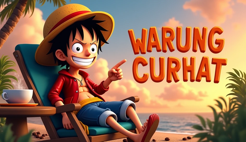 4D caricature of Luffy's big head. He is very confidently sitting relaxed on a lazy chair and hot coffee on the wooden table beside him, and his right hand is pointing at the big text "WARUNG CURHAT" with cheerful 3D letters and correct spelling, beside him. The bright sky of dusk background shows splashes of tea leaves, coffee beans, and empty bubble text, emphasizing the fun of spending time with friends. The cartoon emphasizes the details of the face and text, with a blend of subtle and bright colors. Hyperdetail, UHD 8K, 3D rendering.