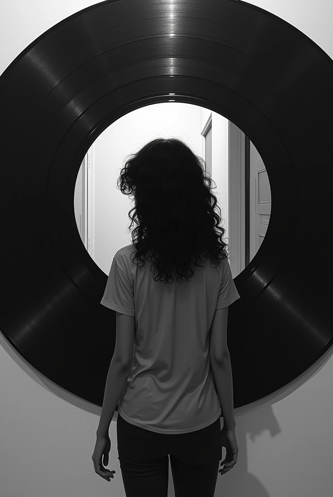 Music layer: LP record with a teenage girl with her back turned inside the record as if it were a mirror with her back walking towards the other side, black, curly hair and black and white image trying to hide 