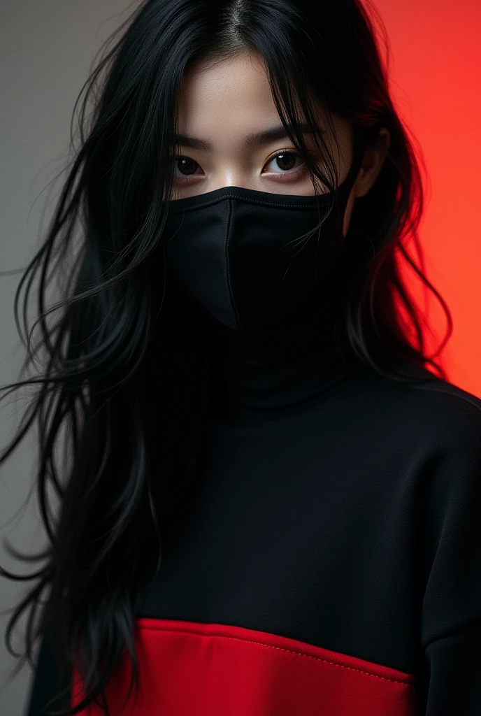 A  girl in a black and red sweatshirt with a black mask and black long hair, so long hair