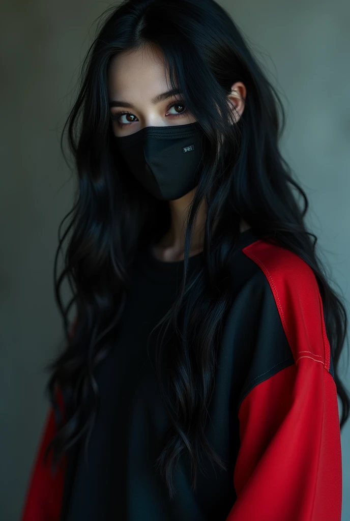 A girl in a black and red sweatshirt with a black mask and black long hair, so long hair