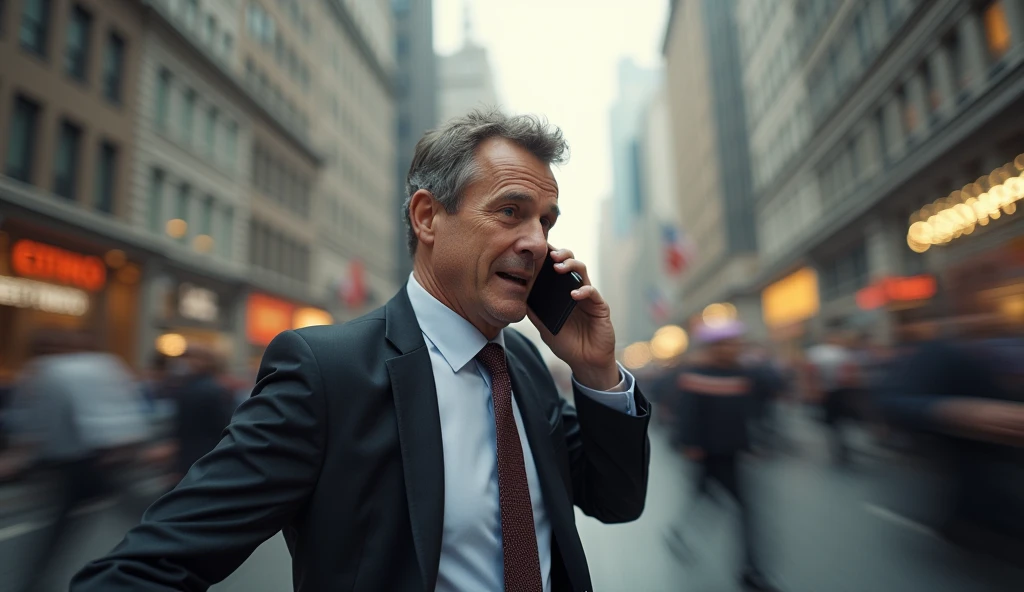 Man with no time for Jesus, showing that he is in a hurry while talking on the cell phone and running