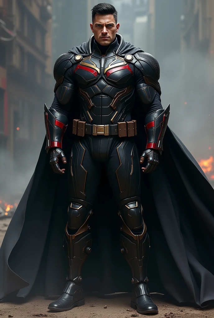 Inspired by Captain America from The Boys Physical: Sentinel has an imposing stature, with 1,90m tall and well-defined muscles. Your presence is intimidating, with an always upright and confident posture.
tenue: His uniform is a high-tech armor, with a predominantly black color palette with red and gold accents. The armor has an elegant design, mixing functionality with ostentation, reflecting your ego. He also wears a long cape, black as night, which adds a dramatic air to their appearances.
muka: An angular face with a strong jawline, icy blue eyes that seem to penetrate the soul. Her hair is short and black, always well combed. He has a light scar along his left eyebrow., a vestige of an ancient struggle.