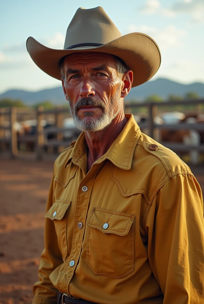 30 year old man , cattle rancher, from the 50s, Photograph only colors in his corral, of shirt and hat 
