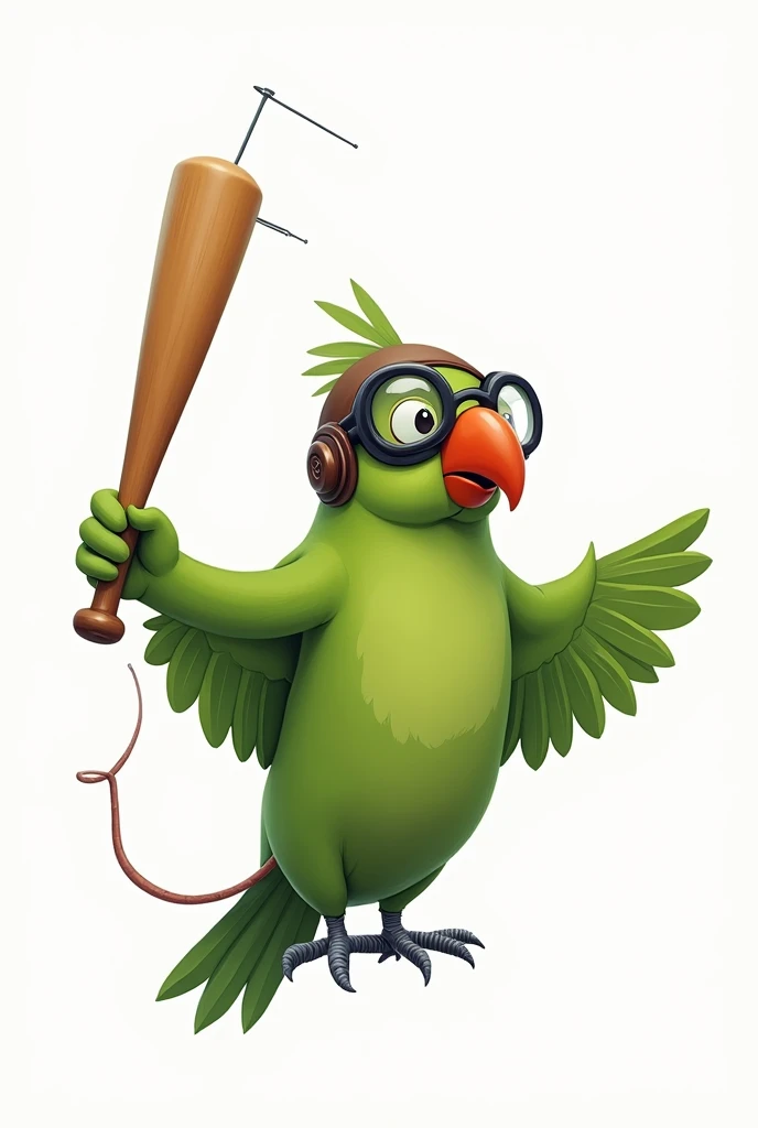 drawing of a green parrot with a wooden baseball bat with a large nail in one of its wings, with white background, the parrot with an aviator pilot helmet on his head and glasses