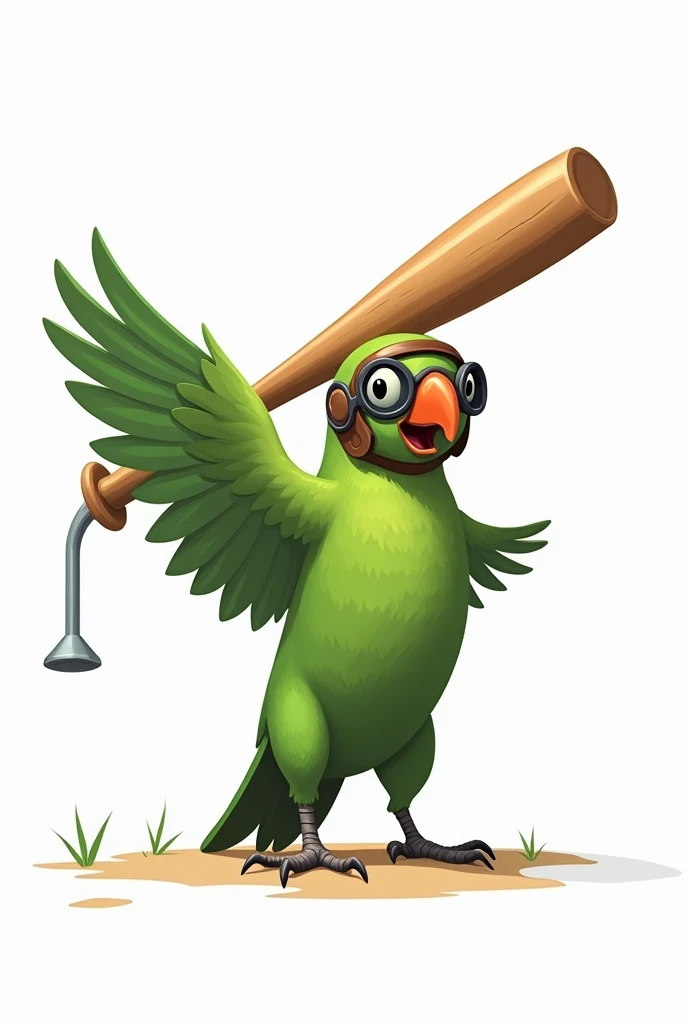 drawing of a green parrot with a wooden baseball bat with a large nail in one of its wings, with white background, the parrot with an aviator pilot helmet on his head and glasses