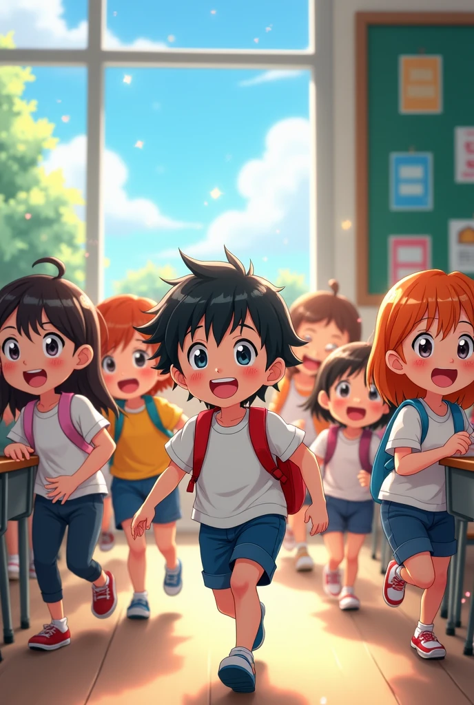 Many boys and girls come running and happy to learn in class, anime style
