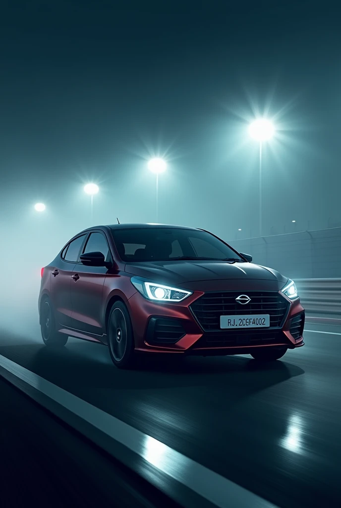 Generate a new model sports dzire car on racing track in night in fogy condition whose no plate is RJ32CF4002