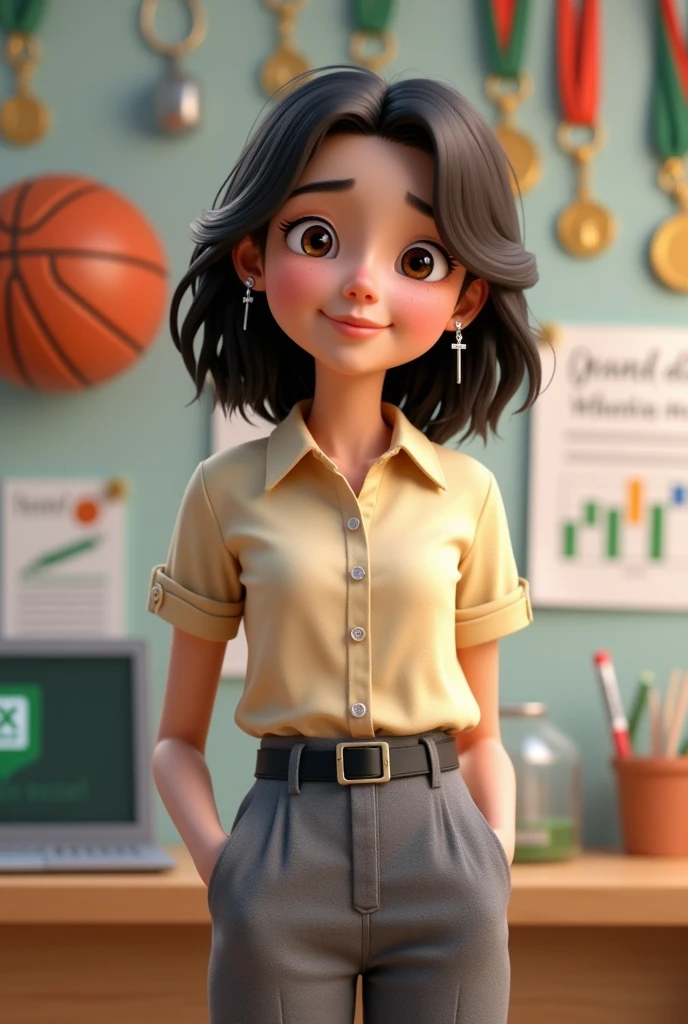 teenager, with dark brown hair, dark brown eyes, wavy hair somewhat curly, Shoulder-length hair cut in layers, parted almost in the middle but not completely in the middle, somewhat disheveled, without bangs but with strands around the face, not so skinny, White skin, 1.65cm tall, not so skinny pero tampoco gorda, somewhat round face, small nose and mouth, eyes not a little Chinese but big. Include in the background something related to excel the logo, basketball, programming, test tubes or a periodic table of chemistry, and win medals or competitions. cheered up. CLOTHES: grey formal dress pants, button down dress blouse, black belt, Small hoop earrings with a silver-plated hanging cross and silver-plated rings. that looks young, study high school. not anime style. Make it animated something 3D. Strike a more casual pose. Keep what I asked for in the background. not so thin. More disheveled, a more adolescent air. a little more disheveled, pointed tips. simple smile, front view. Hair touching shoulders. beautiful.