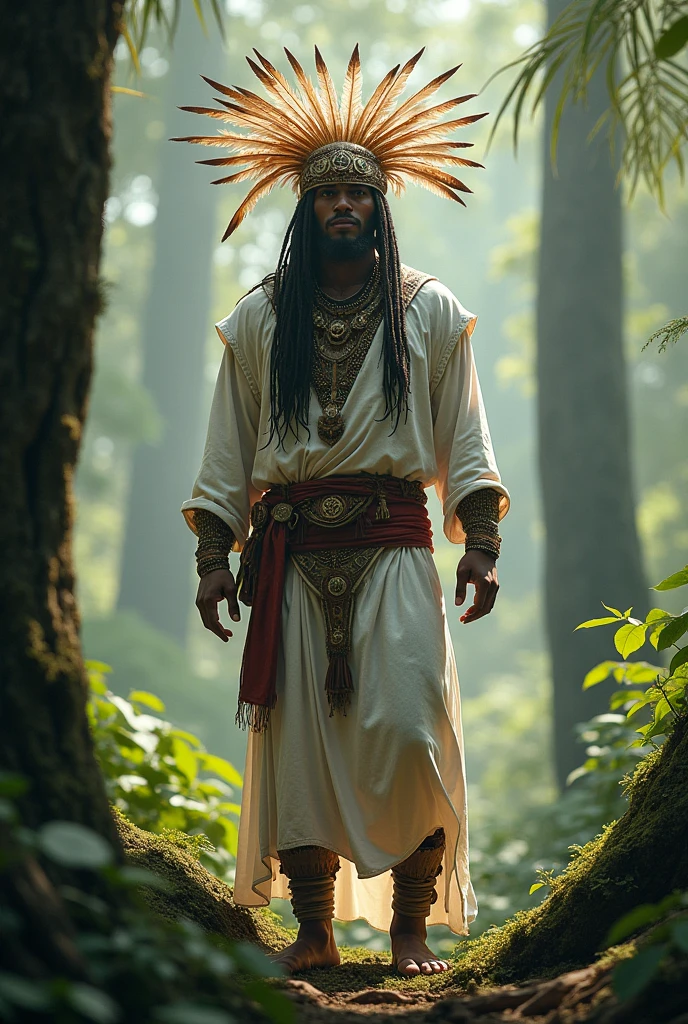 Orisha Oxossi with his white tunic ofá, over which he wears a hunter's outfit. Your hat has feathers.