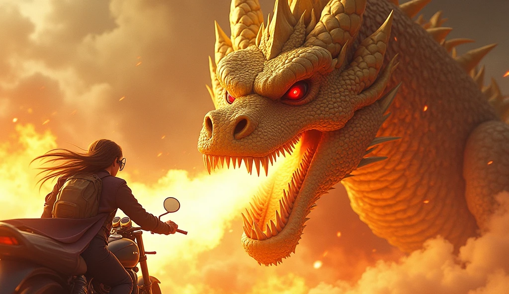 Golden Tenryu,Intense red eyes,Close-up shot of blood coming out of the nose.,Chest scales,High quality,8ก,Lots of details,Fire lettuce,Alas!,4 legs,Spotted claws,gold,dangerous,Fire,Sharp teeth,huge dragons,Bigness,threaten,Tax collection,female character wearing goggles faces The golden dragon lets out a deafening roar and shoots a column of fire towards Aria. She swerves her motorcycle sharply, barely avoiding the inferno. The heat singes the edges of her clothing, but she pushes forward.