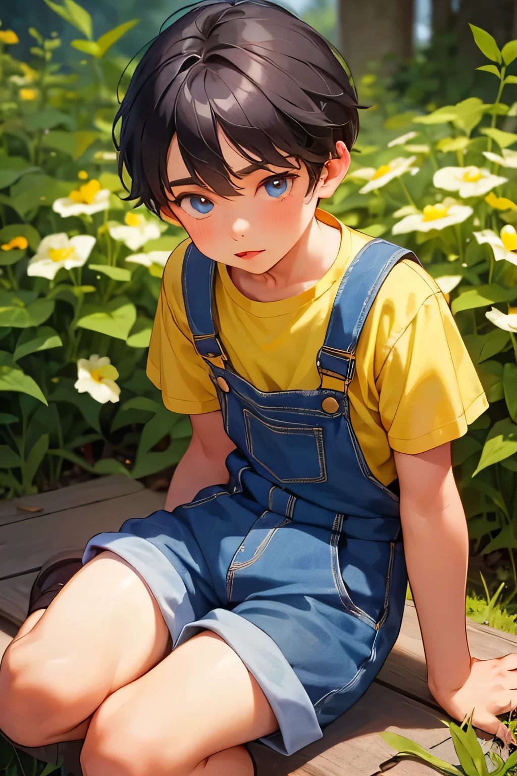 1boy,  british boy in overalls with shorts and a yellow shirt underneath, sitting on knee, glowing blue eyes, outdoor, close-up