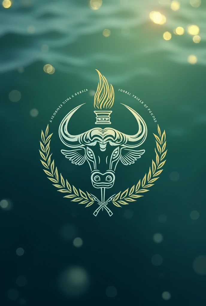Design a logo featuring a unique combination of a fish and a water buffalo, adorned with a torch and laurel elements. Incorporate shades of green and blue to convey a sense of harmony and tranquility. Be creative and innovative in showcasing the fusion of these symbols to symbolize strength, power, and growth. make it color green and blue and remove background 