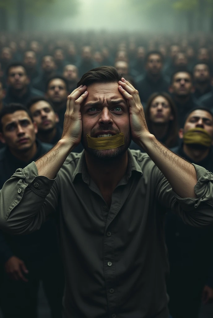 At the center, a man with highlighted fear, expression of despair, eyes wide, mouth taped shut, feeling of panic and suffocation. holding the head, crowd around with their mouths uncovered
