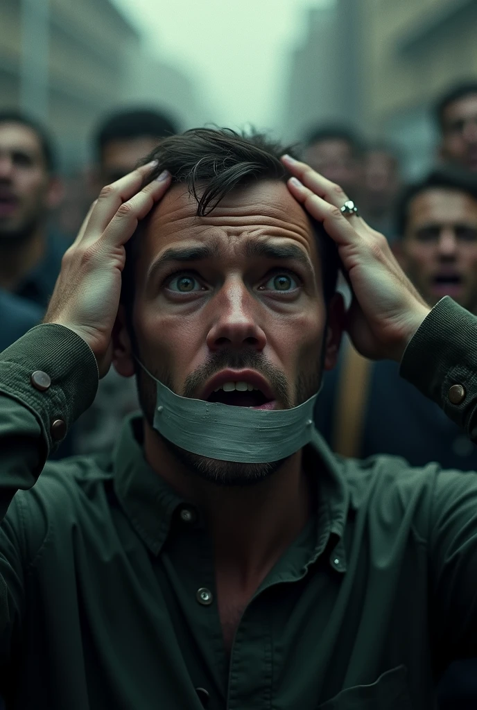 At the center, a man with highlighted fear, expression of despair, eyes wide, mouth taped shut, feeling of panic and suffocation. holding the head, crowd around with their mouths uncovered
