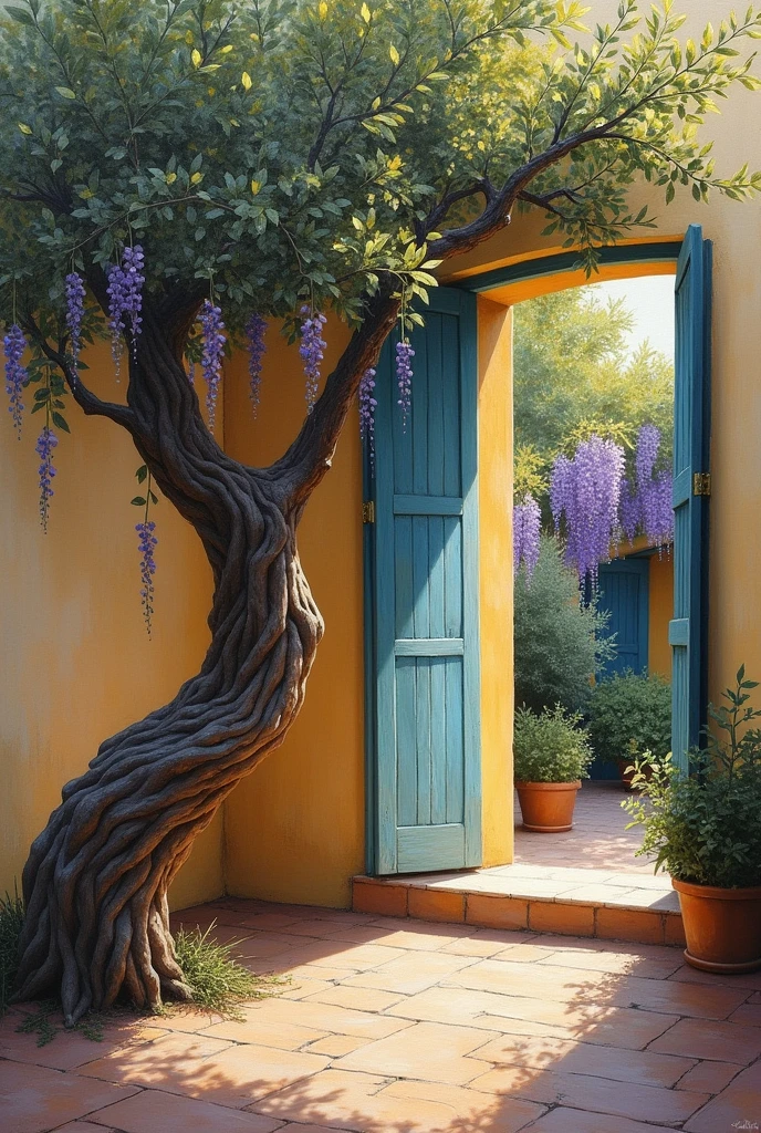 Captivating Oil Painting Olive Tree, Greek Style, Hanging Vines, Window, Inspirational Painting Soft Garden and Wisteria in Full Bloom