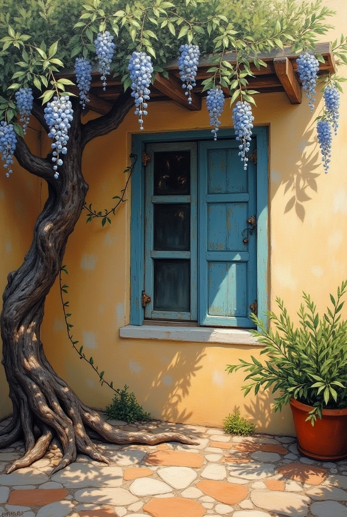Captivating Oil Painting Olive Tree, Greek Style, Hanging Vines, Window, Inspirational Painting Soft Garden and Wisteria in Full Bloom
