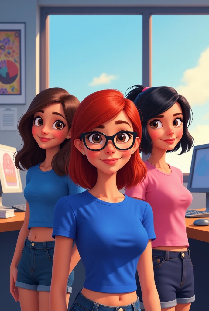 Pixar-style poster of three girls, A girl with medium-short brown hair and a royal blue shirt of medium height, another girl with short red hair with black glasses, short royal blue shirt and another girl with black hair wearing a pink shirt in an office with two desks and two computers