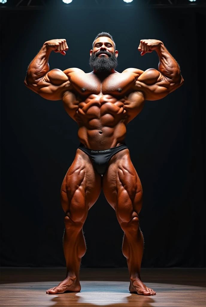 a young hairy bearded Puerto Rican man posing on a stage with his arms raised and a smile on his face, body builder physique, Physicist exagerado, Physicist muscular exagerado, Mr. Universe, big fit ass, long, stark, Physicist |, corpo fitness ifbb, body builder posing, body builder, body builder body, ernest khalimov body, posing and flexing, Physicist exageradamente big fit ass, body builder