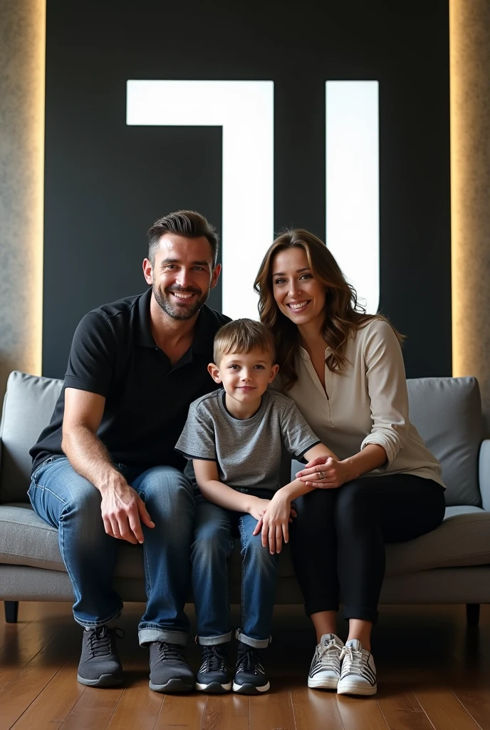 Husband's Family Photo, wife and 1 son sitting on a chair surrounded by the Juventus logo, facing forward with the words Rico Lipana heading to 10K, HD Realistic