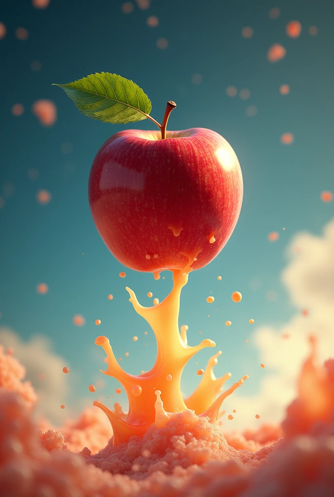An apple that is falling from the sky and is about to break and turn into a juice box.